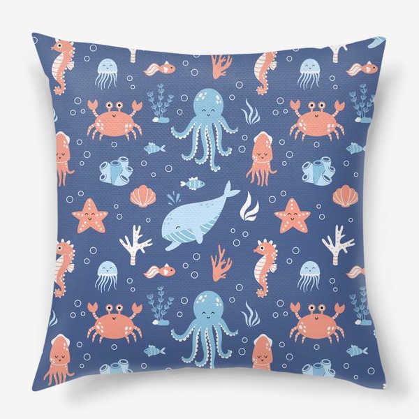 Подушка «Паттерн - подводный мир, милые морские животные»