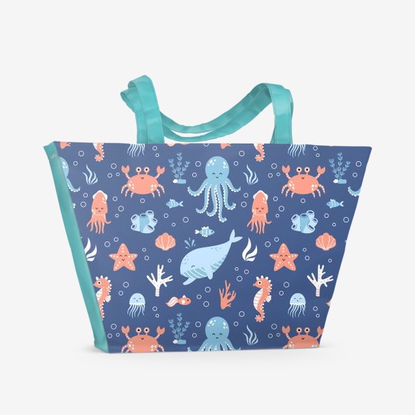 Пляжная сумка &laquo;Паттерн - подводный мир, милые морские животные&raquo;