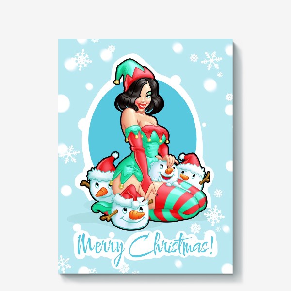 Холст «C Рождеством! Пинап девушка и снеговики | Merry Christmas!»