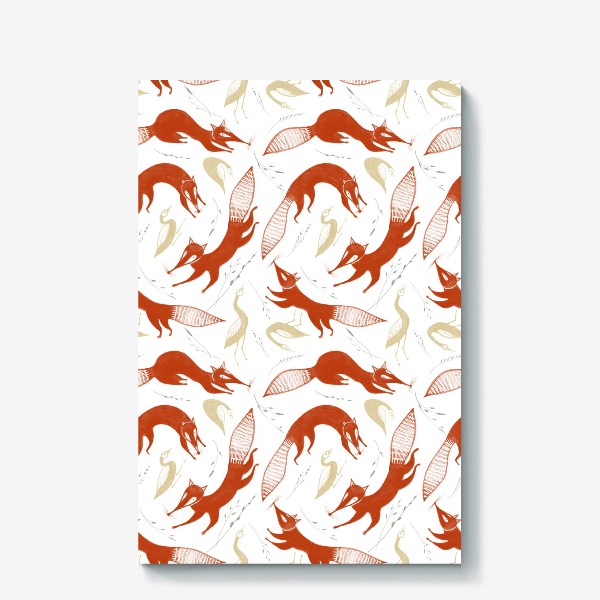 Холст «Акварельный нарисованный вручную бесшовный фон с яркими иллюстрациями лис и птиц»