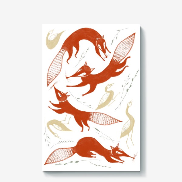 Холст &laquo;Акварельная нарисованная вручную стильная яркая иллюстрация с лисами и птицами утками&raquo;