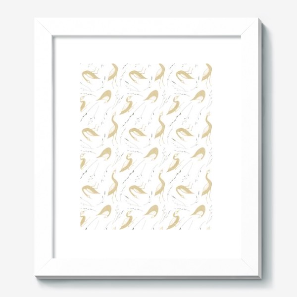Картина «Акварельная нарисованная вручную стильная яркая иллюстрация с золотыми птицами утками и травинками»