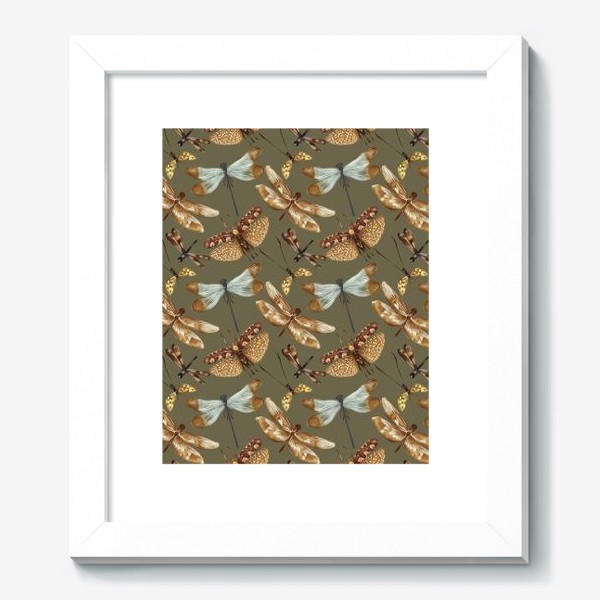 Картина «Акварельный нарисованный вручную бесшовный фон с яркими иллюстрациями экзотических бабочек, стрекоз»
