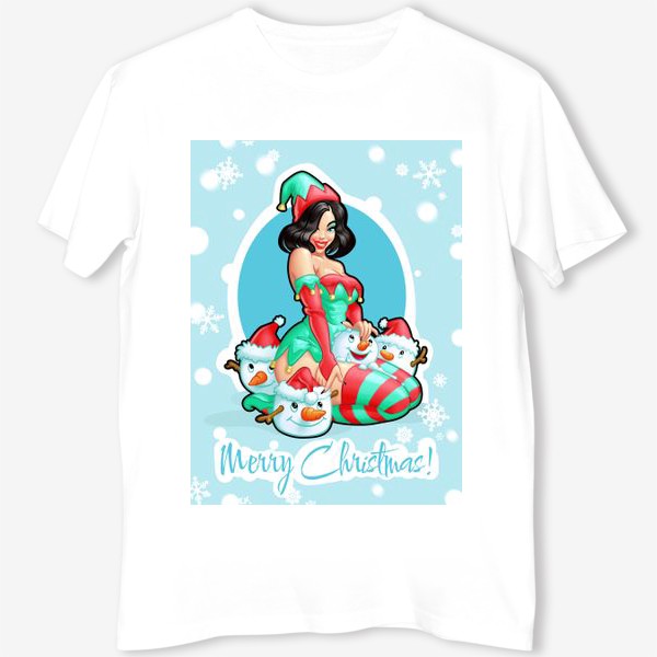 Футболка «C Рождеством! Пинап девушка и снеговики | Merry Christmas!»