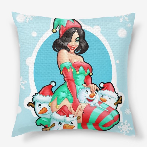 Подушка «C Рождеством! Пинап девушка и снеговики | Merry Christmas!»
