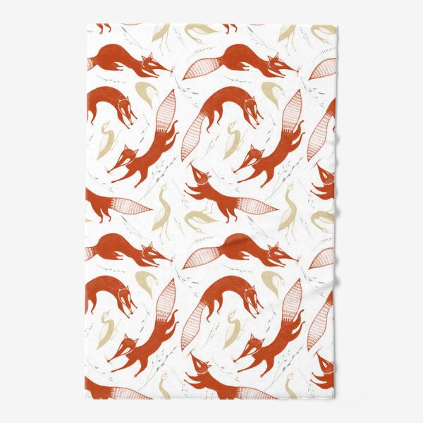 Полотенце «Акварельный нарисованный вручную бесшовный фон с яркими иллюстрациями лис и птиц»