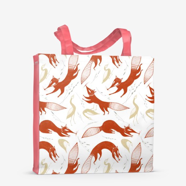 Сумка-шоппер «Акварельный нарисованный вручную бесшовный фон с яркими иллюстрациями лис и птиц»