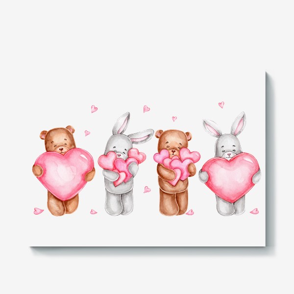 Холст «Мишки и зайки с сердечками. С Днем святого Валентина!»