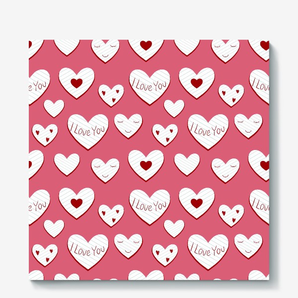 Холст «Валентинки. Сердца из бумаги и надписи. Сердечки на розовом фоне. Романтический принт»