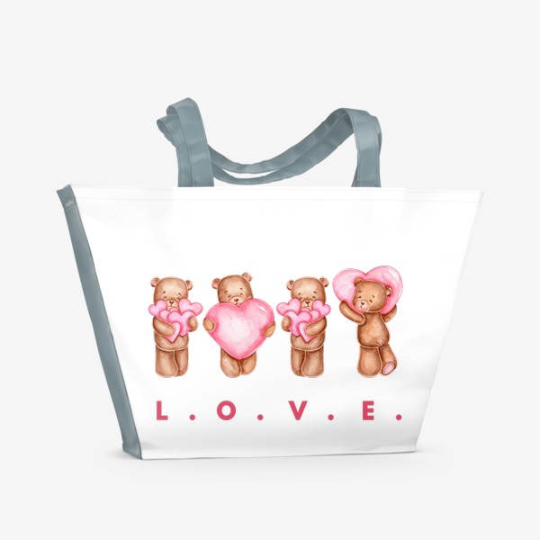 Пляжная сумка «Мишки с сердечками и надпись "Любовь". С Днем св. Валентина!»