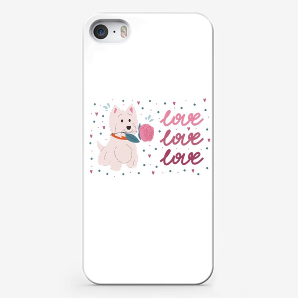 Чехол iPhone «День Святого Валентина. Белая собака с розой в зубах. Леттеринг три слова love»