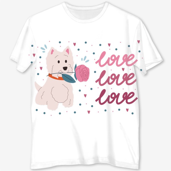 Футболка с полной запечаткой &laquo;День Святого Валентина. Белая собака с розой в зубах. Леттеринг три слова love&raquo;
