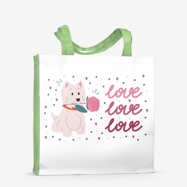 Сумка-шоппер «День Святого Валентина. Белая собака с розой в зубах. Леттеринг три слова love»