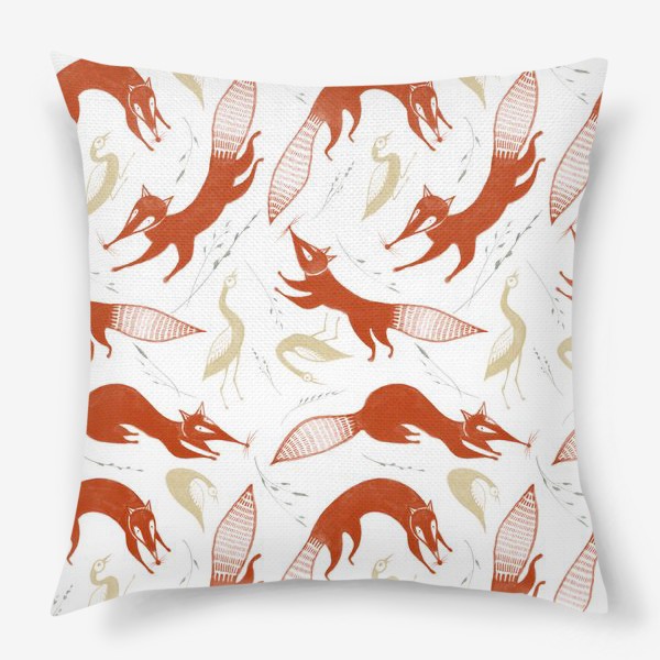 Подушка «Акварельный нарисованный вручную бесшовный фон с яркими иллюстрациями лис и птиц»