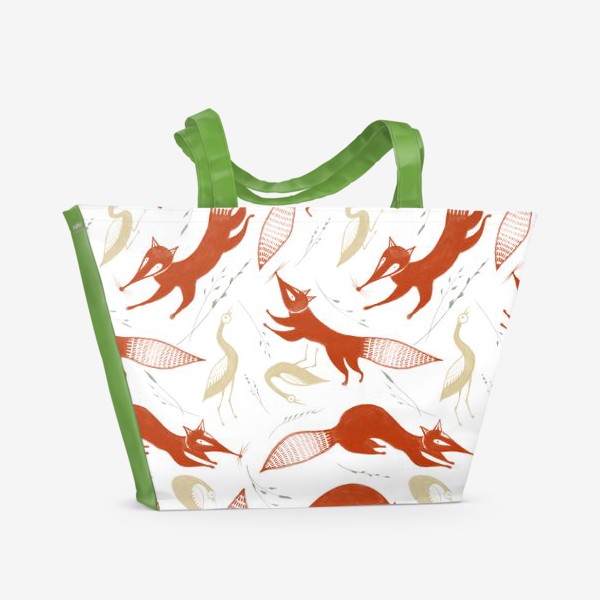 Пляжная сумка &laquo;Акварельный нарисованный вручную бесшовный фон с яркими иллюстрациями лис и птиц&raquo;