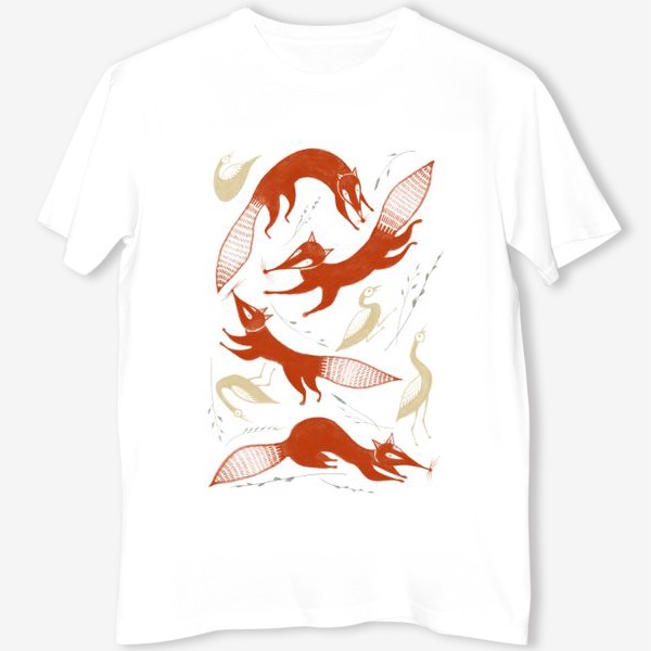 Футболка &laquo;Акварельная нарисованная вручную стильная яркая иллюстрация с лисами и птицами утками&raquo;