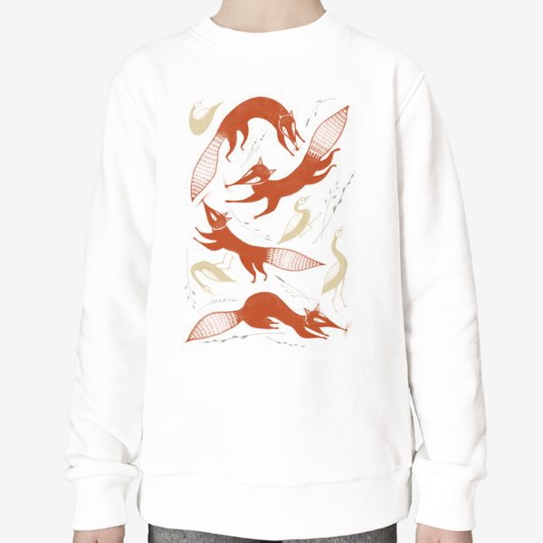 Свитшот &laquo;Акварельная нарисованная вручную стильная яркая иллюстрация с лисами и птицами утками&raquo;