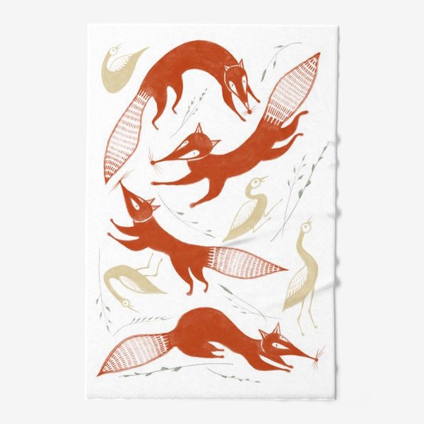 Полотенце &laquo;Акварельная нарисованная вручную стильная яркая иллюстрация с лисами и птицами утками&raquo;
