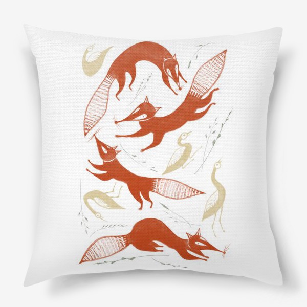 Подушка &laquo;Акварельная нарисованная вручную стильная яркая иллюстрация с лисами и птицами утками&raquo;