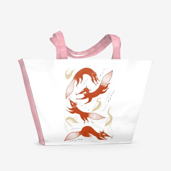 Пляжная сумка «Акварельная нарисованная вручную стильная яркая иллюстрация с лисами и птицами утками»