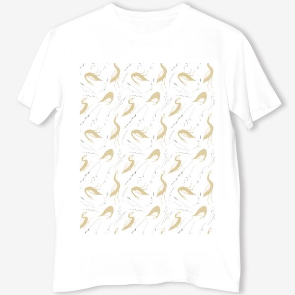 Футболка &laquo;Акварельная нарисованная вручную стильная яркая иллюстрация с золотыми птицами утками и травинками&raquo;
