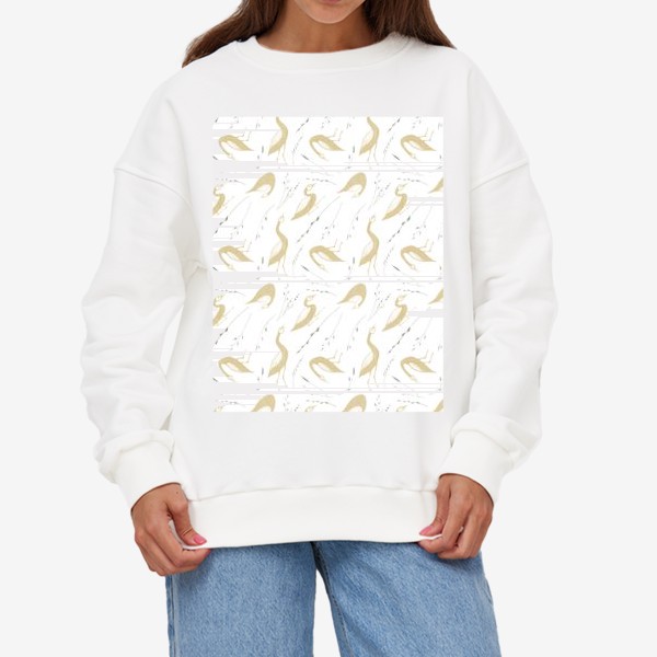 Свитшот «Акварельная нарисованная вручную стильная яркая иллюстрация с золотыми птицами утками и травинками»