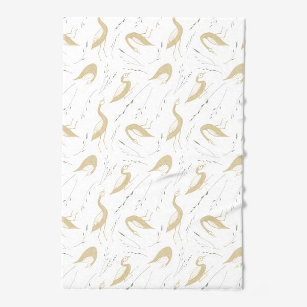 Полотенце «Акварельная нарисованная вручную стильная яркая иллюстрация с золотыми птицами утками и травинками»