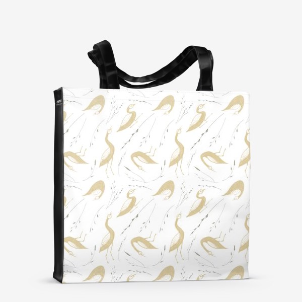 Сумка-шоппер &laquo;Акварельная нарисованная вручную стильная яркая иллюстрация с золотыми птицами утками и травинками&raquo;