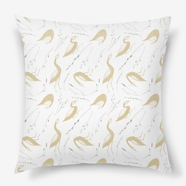 Подушка «Акварельная нарисованная вручную стильная яркая иллюстрация с золотыми птицами утками и травинками»