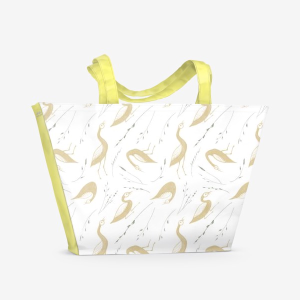 Пляжная сумка «Акварельная нарисованная вручную стильная яркая иллюстрация с золотыми птицами утками и травинками»