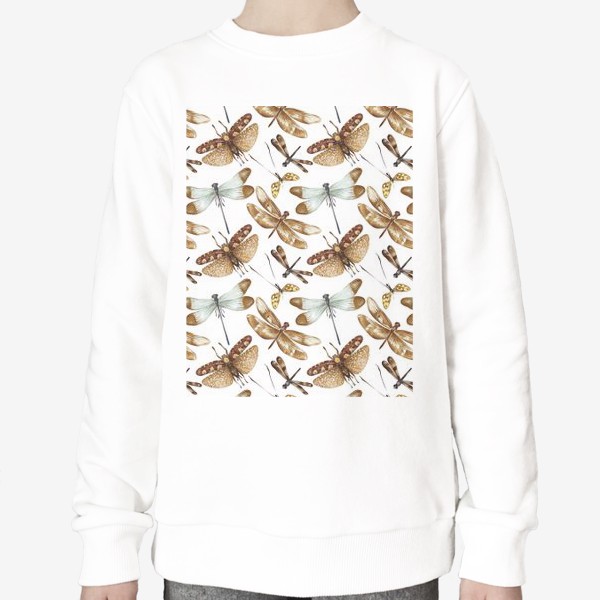 Свитшот &laquo;Акварельный нарисованный вручную бесшовный фон с яркими иллюстрациями экзотических бабочек, стрекоз&raquo;