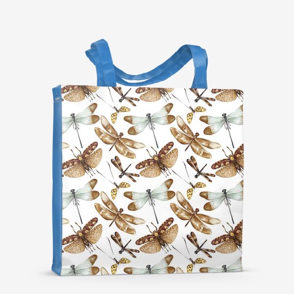 Сумка-шоппер «Акварельный нарисованный вручную бесшовный фон с яркими иллюстрациями экзотических бабочек, стрекоз»