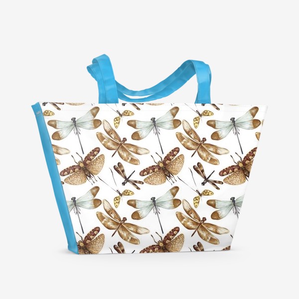 Пляжная сумка «Акварельный нарисованный вручную бесшовный фон с яркими иллюстрациями экзотических бабочек, стрекоз»