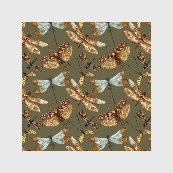 Шторы «Акварельный нарисованный вручную бесшовный фон с яркими иллюстрациями экзотических бабочек, стрекоз»
