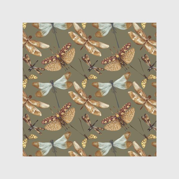 Скатерть «Акварельный нарисованный вручную бесшовный фон с яркими иллюстрациями экзотических бабочек, стрекоз»
