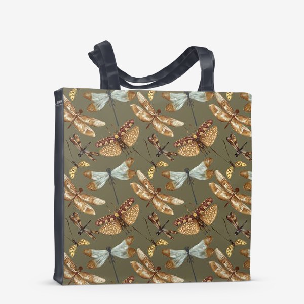 Сумка-шоппер &laquo;Акварельный нарисованный вручную бесшовный фон с яркими иллюстрациями экзотических бабочек, стрекоз&raquo;