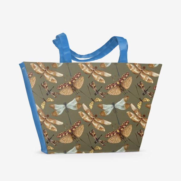Пляжная сумка &laquo;Акварельный нарисованный вручную бесшовный фон с яркими иллюстрациями экзотических бабочек, стрекоз&raquo;