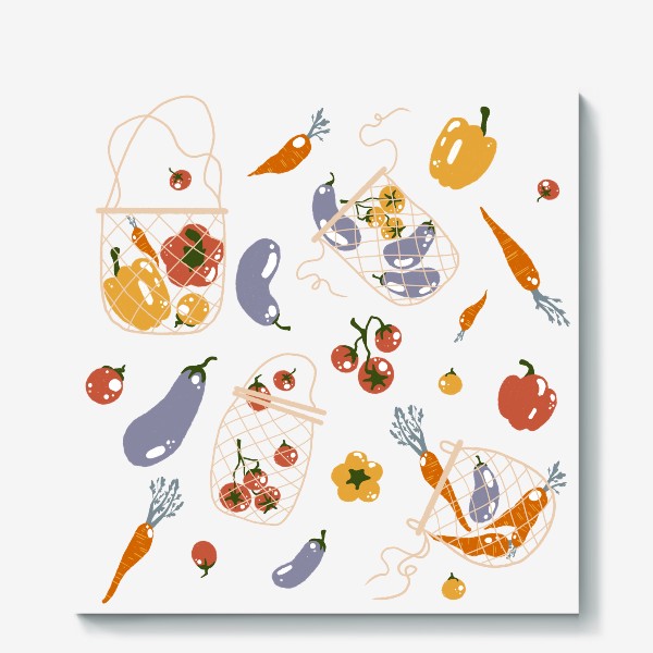 Холст «Акварельная нарисованная вручную яркая иллюстрация с различными овощами в эко сумке. Магазин, еда, вегетарианство»