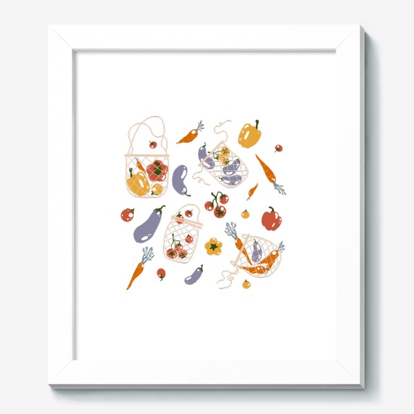 Картина «Акварельная нарисованная вручную яркая иллюстрация с различными овощами в эко сумке. Магазин, еда, вегетарианство»