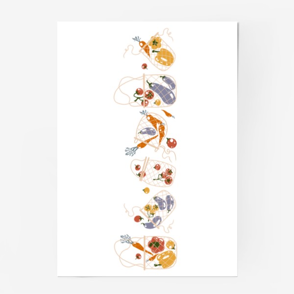 Постер «Акварельная нарисованная вручную яркая иллюстрация с различными овощами в эко сумке. Магазин, еда, вегетарианство»