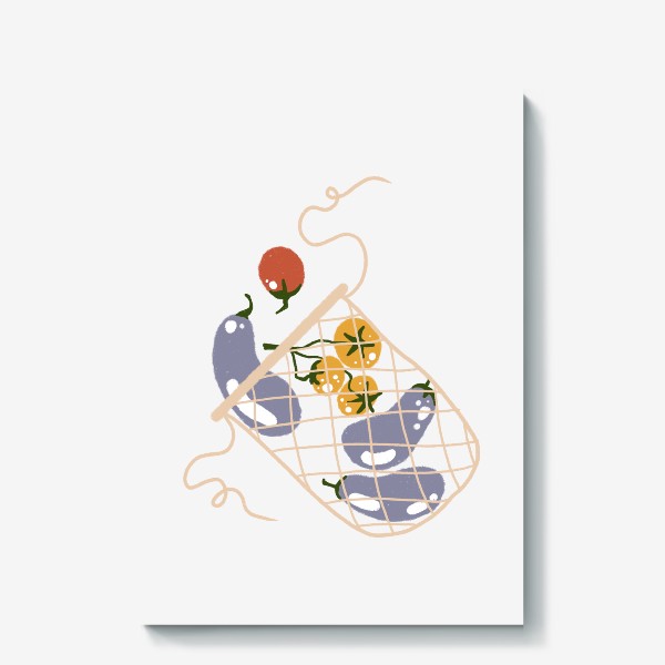 Холст &laquo;Акварельная нарисованная вручную яркая иллюстрация с различными овощами в эко сумке. Магазин, еда, вегетарианство&raquo;