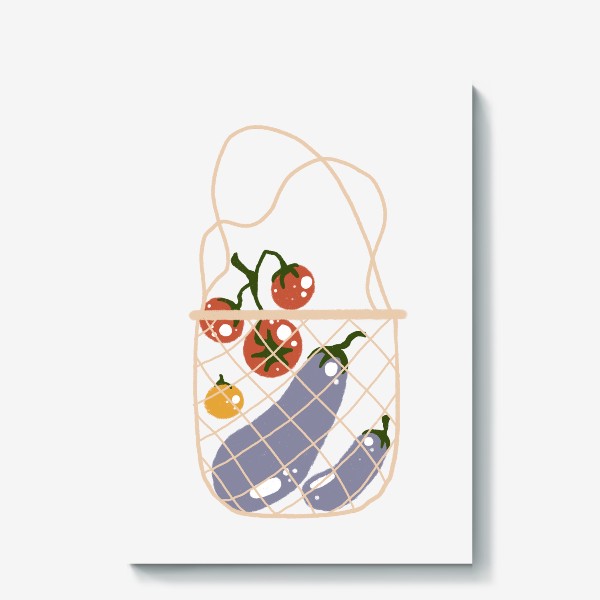 Холст «Акварельная нарисованная вручную яркая иллюстрация с различными овощами в эко сумке. Магазин, еда, вегетарианство»