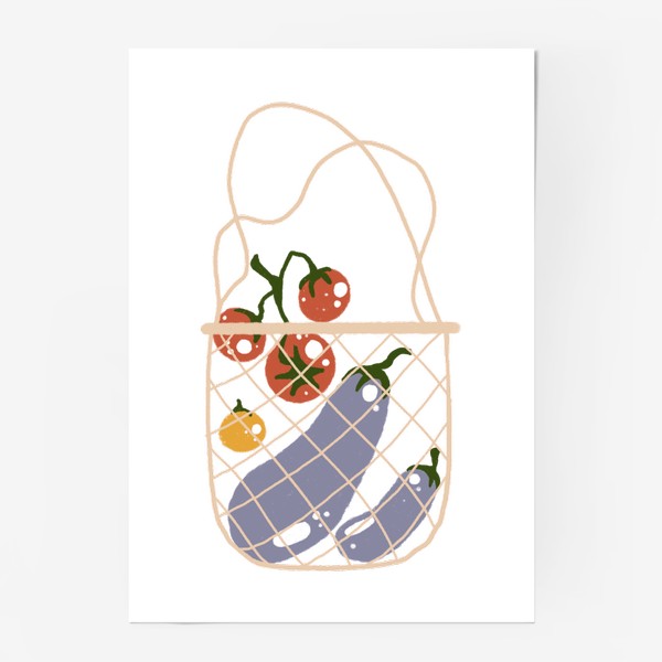 Постер «Акварельная нарисованная вручную яркая иллюстрация с различными овощами в эко сумке. Магазин, еда, вегетарианство»