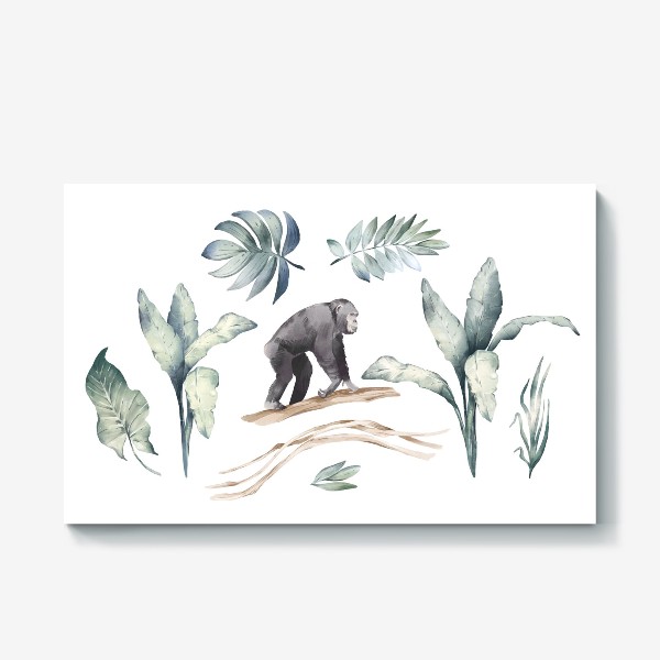 Холст «Акварельная нарисованная вручную яркая иллюстрация с тропическими листьями, шимпанзе. Животное Африки экзотика, растения»