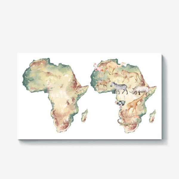 Холст &laquo;Акварельная нарисованная вручную яркая иллюстрация с континентом и животными Африки. Карта с животными&raquo;