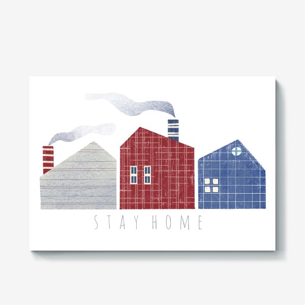 Холст «Акварельная нарисованная вручную яркая иллюстрация с скандинавскими стильными милыми домиками. Дым. Оставайтесь дома»