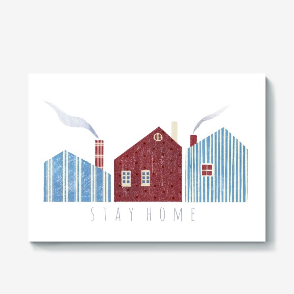 Холст «Акварельная нарисованная вручную яркая иллюстрация с скандинавскими стильными милыми домиками. Дым. Оставайтесь дома»