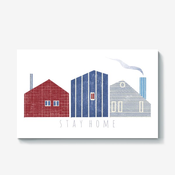 Холст &laquo;Акварельная нарисованная вручную яркая иллюстрация с скандинавскими стильными милыми домиками. Дым. Оставайтесь дома&raquo;