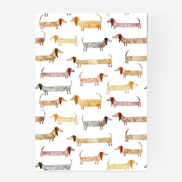 Постер «Акварельный нарисованный вручную бесшовный фон с яркими иллюстрациями собак такс»