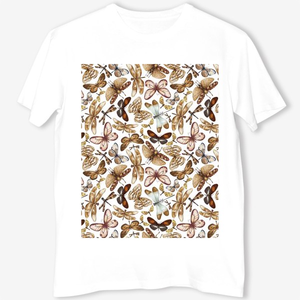 Футболка &laquo;Акварельный нарисованный вручную бесшовный фон с яркими иллюстрациями экзотических бабочек, стрекоз&raquo;